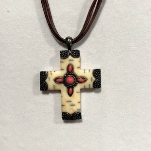 Bone cross pendant, leather strands necklace